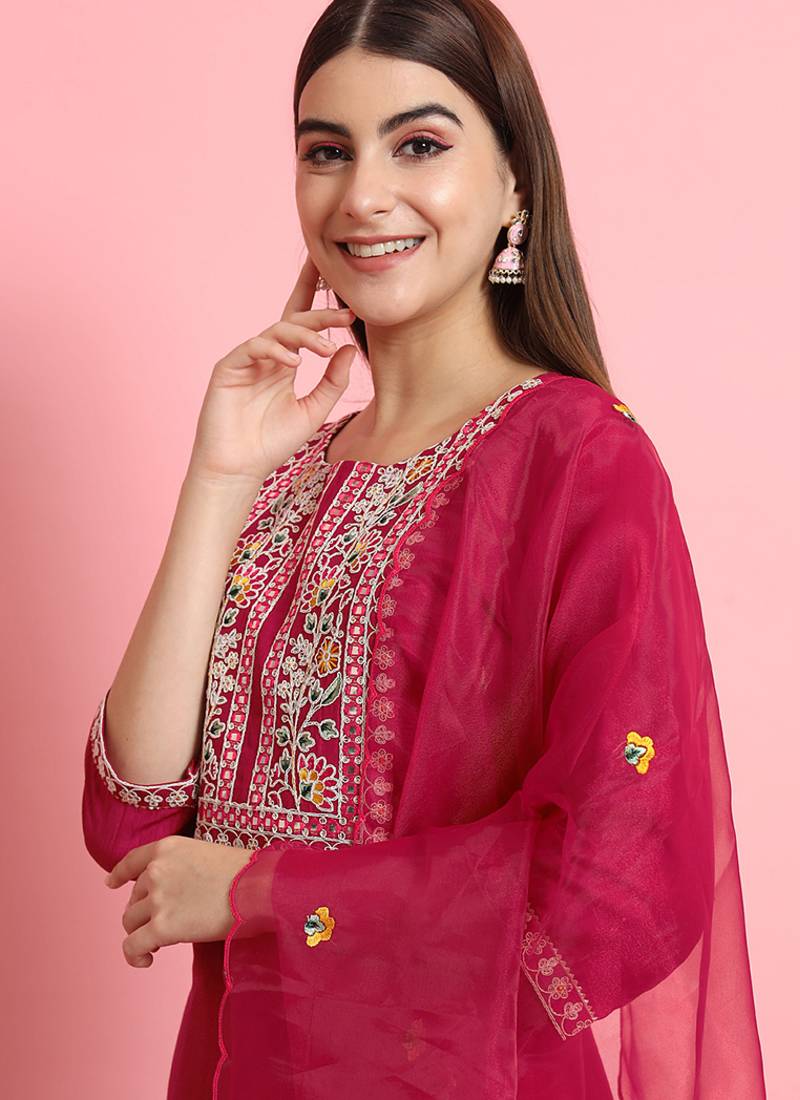 Silk blend rani pink casual wear embroidery work kurta set