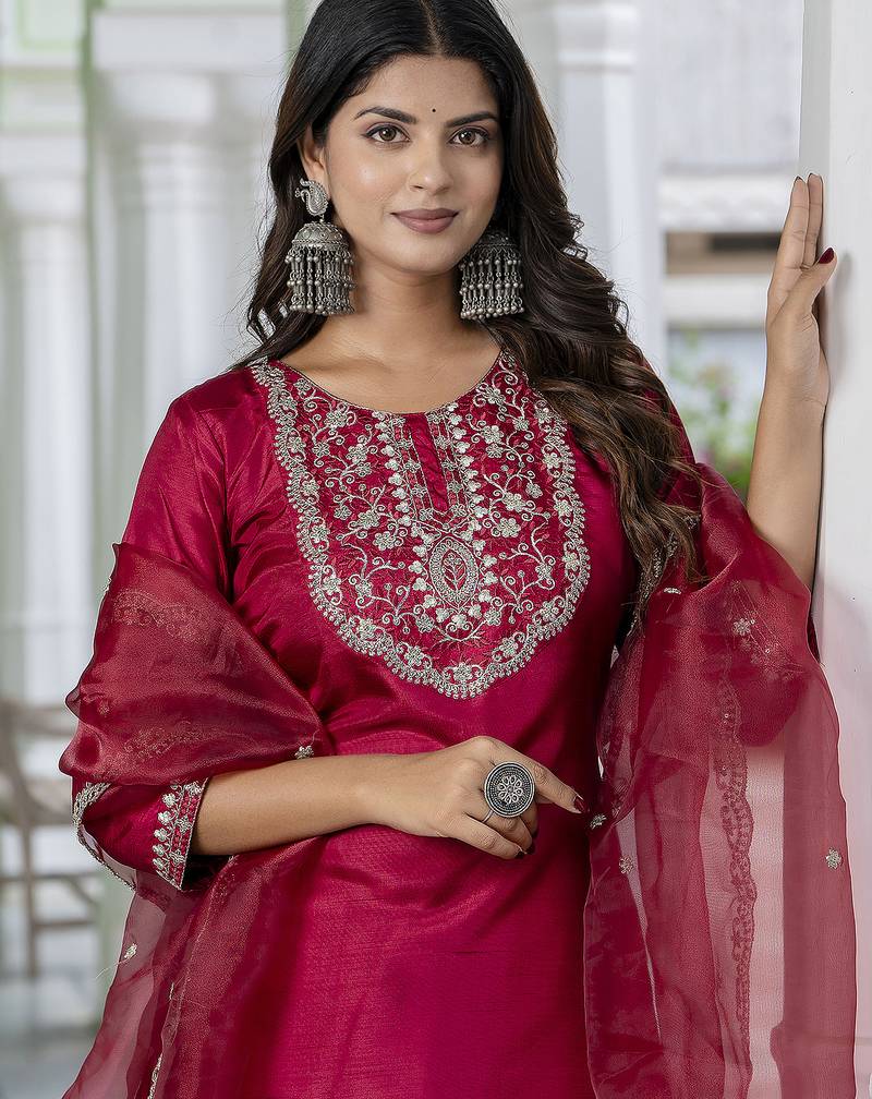 Silk blend red casual wear embroidery work kurta set