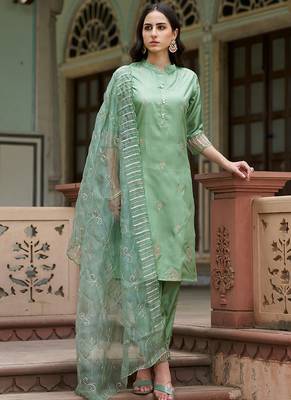 Silk blend pista casual wear embroidery work kurta set 1