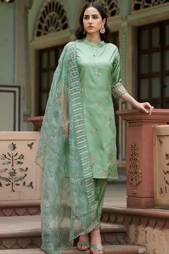 Silk blend pista casual wear embroidery work kurta set