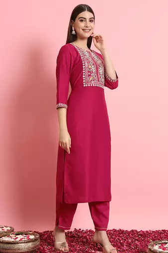 Silk blend rani pink casual wear embroidery work kurta set