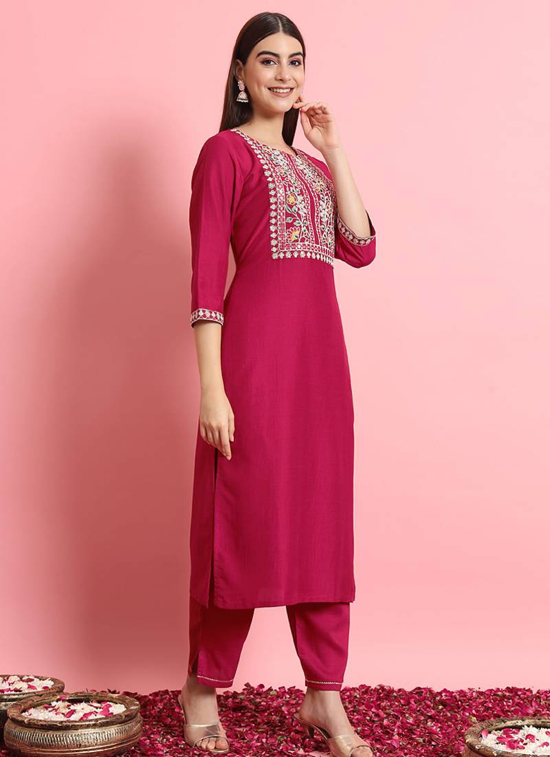 Silk blend rani pink casual wear embroidery work kurta set