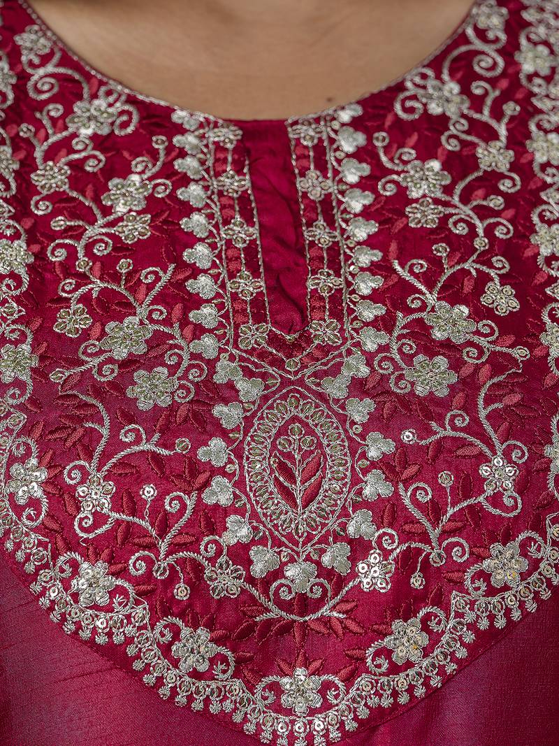 Silk blend red casual wear embroidery work kurta set