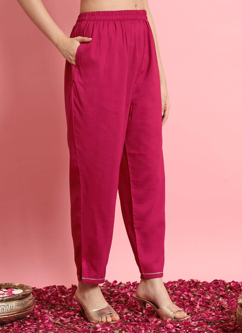 Silk blend rani pink casual wear embroidery work kurta set