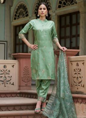 Silk blend pista casual wear embroidery work kurta set 2