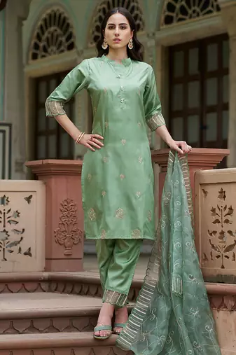Silk blend pista casual wear embroidery work kurta set