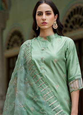 Silk blend pista casual wear embroidery work kurta set 3