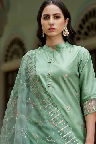 Silk blend pista casual wear embroidery work kurta set
