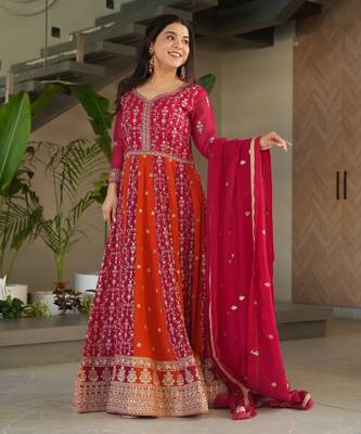 Faux Blooming Heavy Sequins Embroidered Stitched Gown with Dupatta     Pink | 56" Length 1