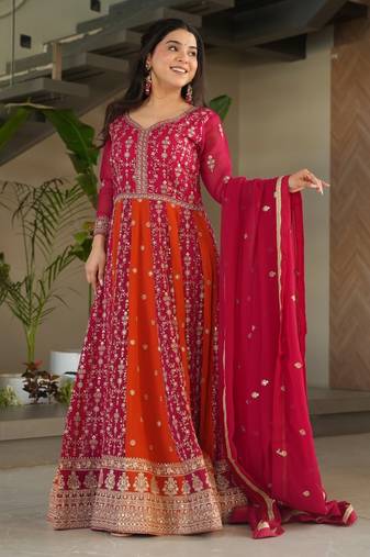 Faux Blooming Heavy Sequins Embroidered Stitched Gown with Dupatta     Pink | 56" Length