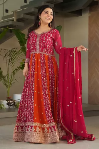 Faux Blooming Heavy Sequins Embroidered Stitched Gown with Dupatta     Pink | 56" Length