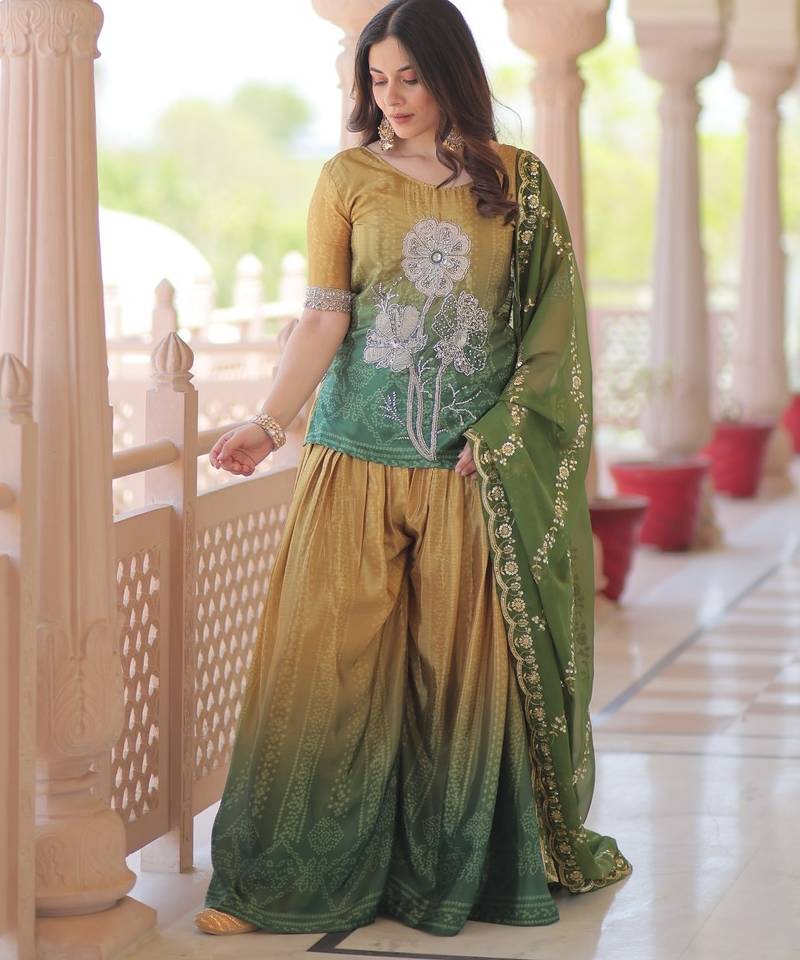Chinnon Printed Gown with Sequins Embroidery & Dupatta     Green | 56" Length