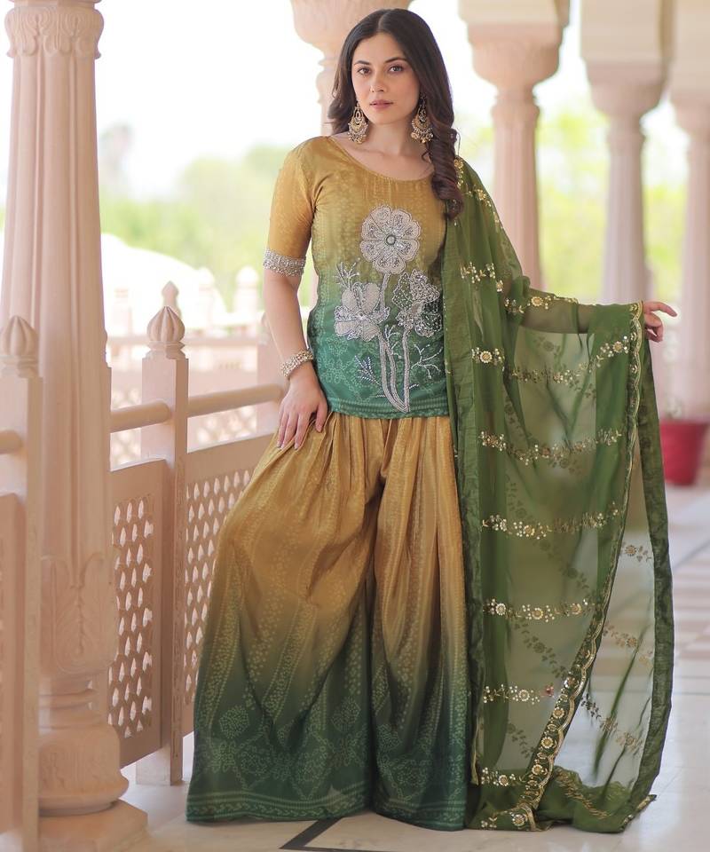 Chinnon Printed Gown with Sequins Embroidery & Dupatta     Green | 56" Length