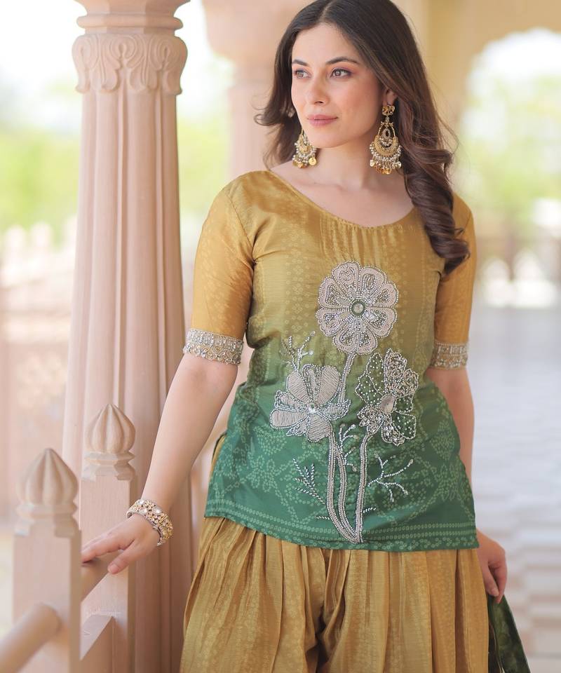 Chinnon Printed Gown with Sequins Embroidery & Dupatta     Green | 56" Length