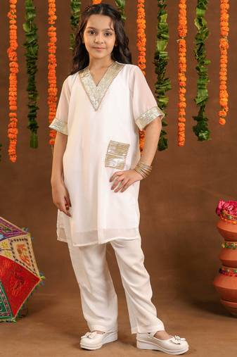 Girls shimmer White Suit Set White Georgette Dress with Gotta Work