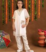 Girls shimmer White Suit Set White Georgette Dress with Gotta Work