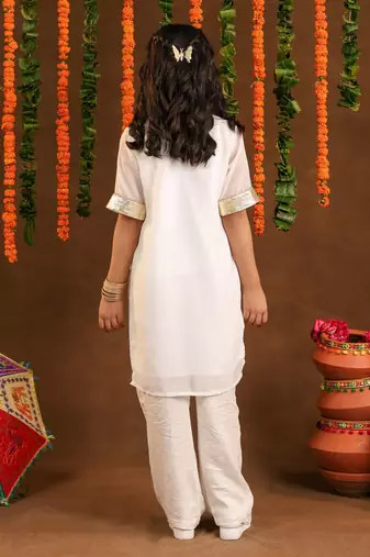 Girls shimmer White Suit Set White Georgette Dress with Gotta Work