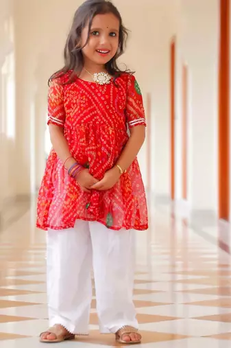 Kid's Red Bandhani Kurta Set with Cotton Pants