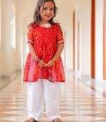 Kid's Red Bandhani Kurta Set with Cotton Pants