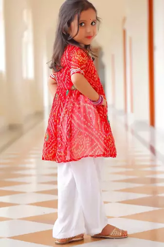 Kid's Red Bandhani Kurta Set with Cotton Pants