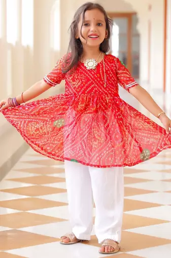 Kid's Red Bandhani Kurta Set with Cotton Pants