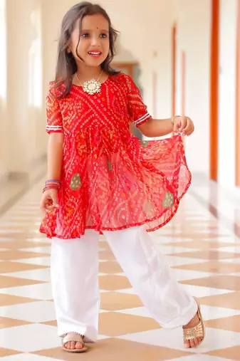Kid's Red Bandhani Kurta Set with Cotton Pants