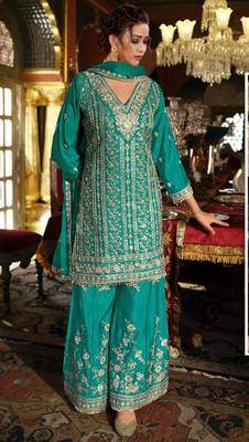 Light blue embroidered chinon silk Salwar suit 1