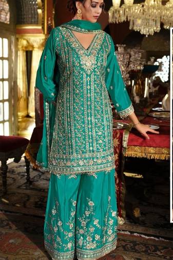 Light blue embroidered chinon silk wedding suits