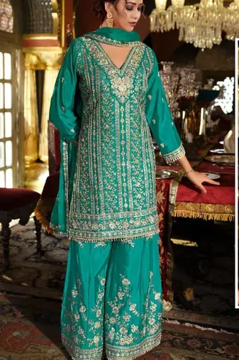 Light blue embroidered chinon silk wedding suits