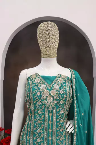 Light blue embroidered chinon silk Salwar suit