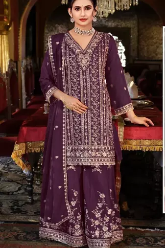 Purple embroidered chinon silk wedding suits