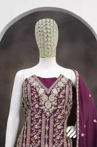 Purple embroidered chinon silk Salwar suit