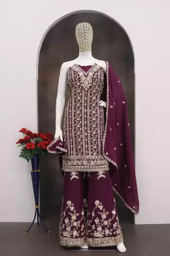 Purple embroidered chinon silk Salwar suit