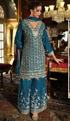 Navy blue embroidered chinon silk Salwar suit 1