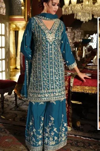 Navy blue embroidered chinon silk wedding suits