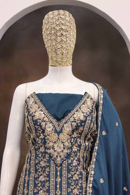 Navy blue embroidered chinon silk Salwar suit 2