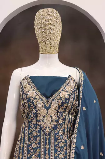 Navy blue embroidered chinon silk Salwar suit