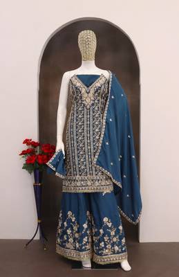 Navy blue embroidered chinon silk Salwar suit 3