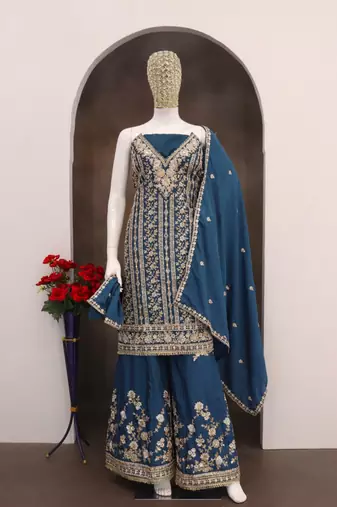 Navy blue embroidered chinon silk Salwar suit