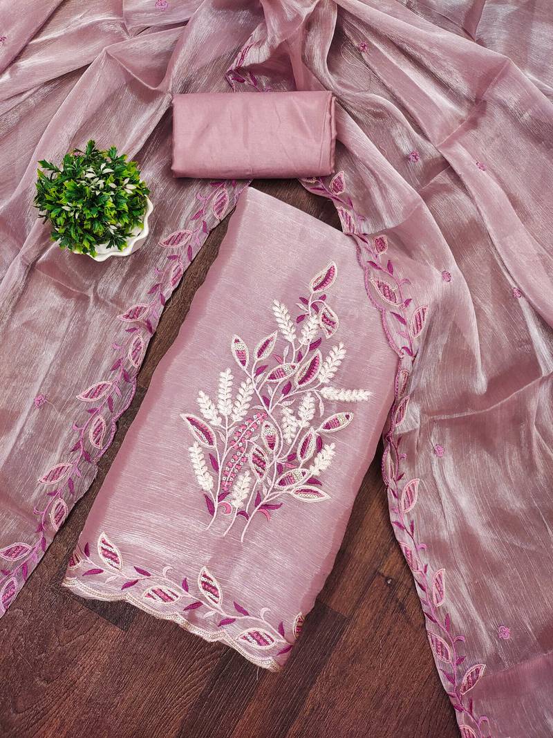 Women levender barbarik silk  dress material with dupatta