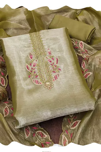 Women olive green barbarik silk  dress material with dupatta