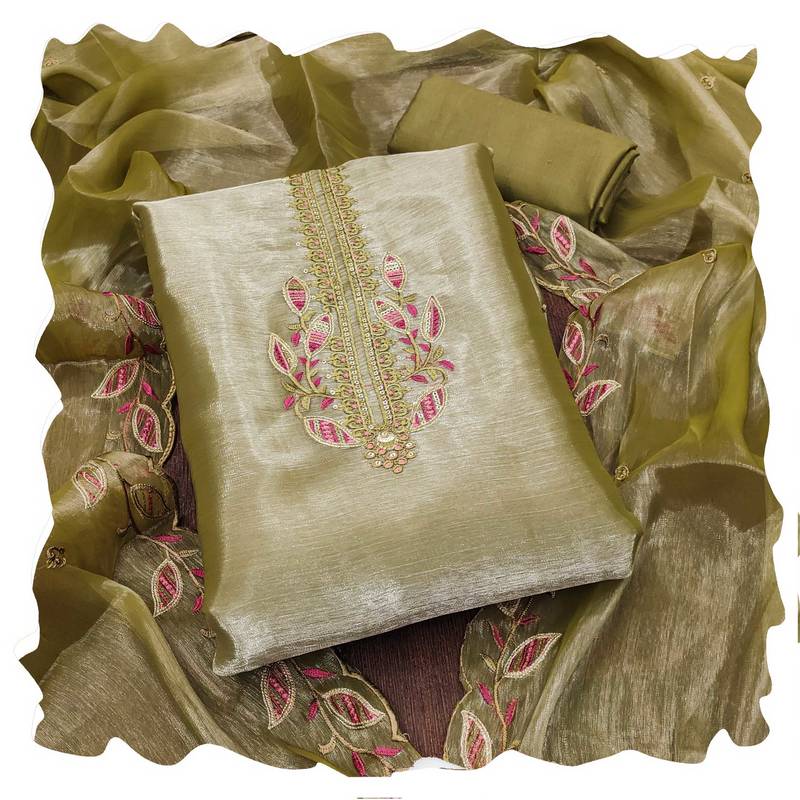 Women olive green barbarik silk  dress material with dupatta