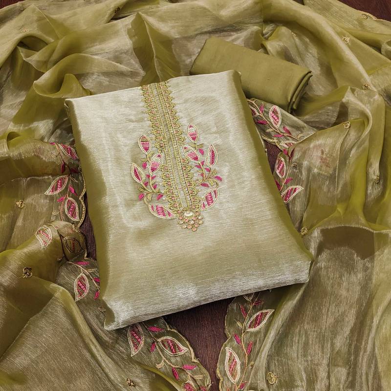 Women olive green barbarik silk  dress material with dupatta