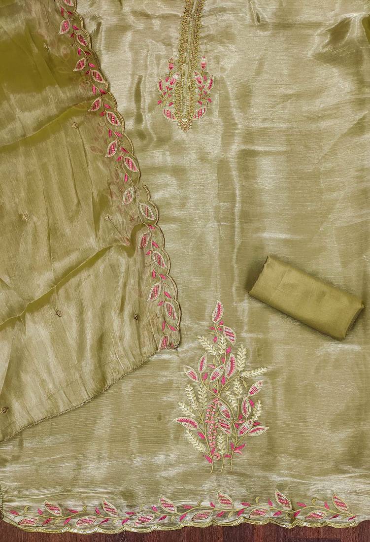Women olive green barbarik silk  dress material with dupatta