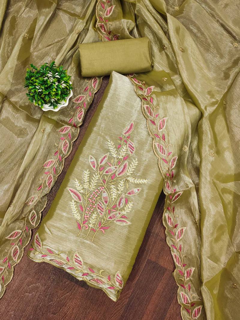Women olive green barbarik silk  dress material with dupatta