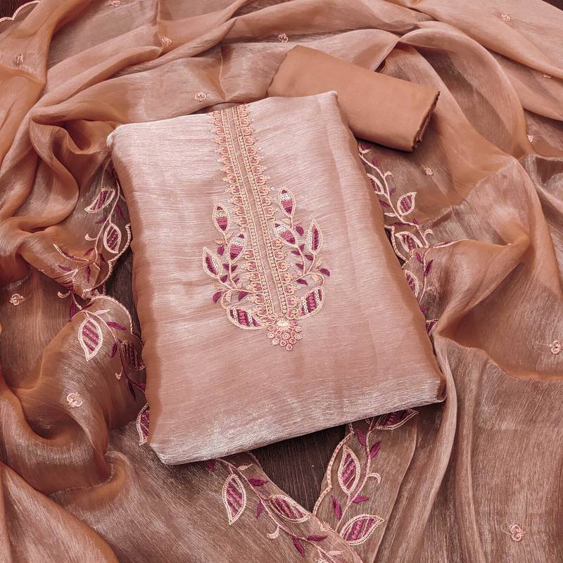 Women rust barbarik silk  dress material with dupatta