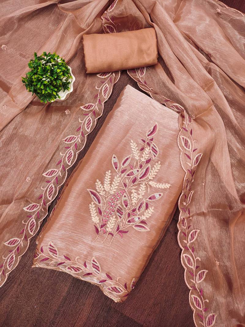 Women rust barbarik silk  dress material with dupatta