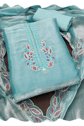 Women sky blue barbarik silk  dress material with dupatta