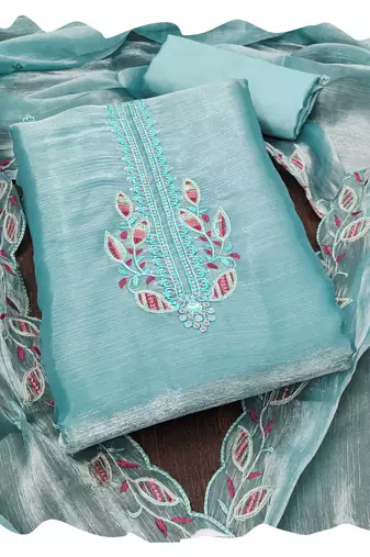 Women sky blue barbarik silk  dress material with dupatta