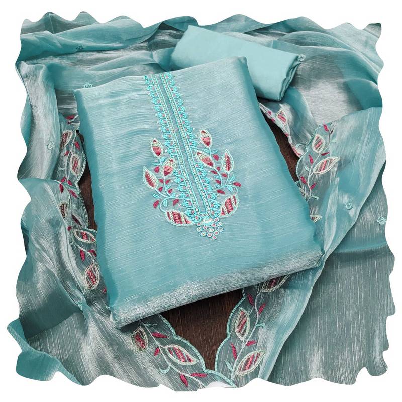 Women sky blue barbarik silk  dress material with dupatta